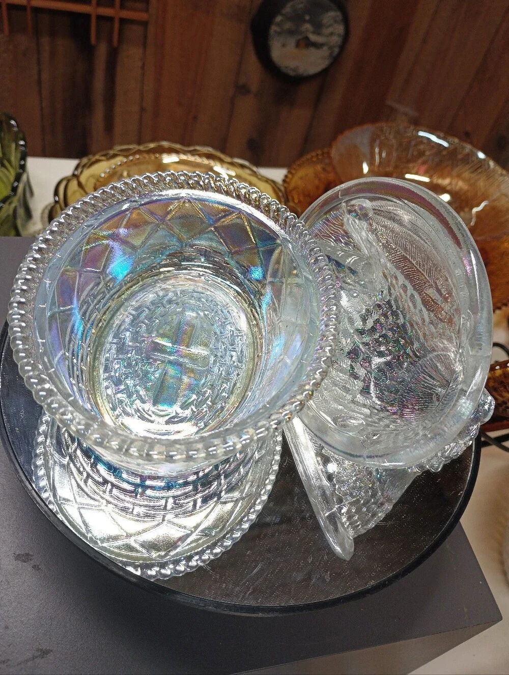 Rosso - Westmoreland  - Mosser, Clear Crystal Carnival Hen On Nest W/ Woven Base
